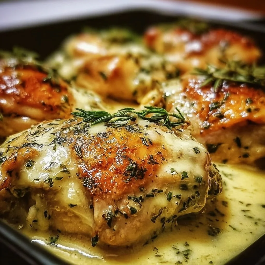 Creamy herb-baked chicken garnished with fresh herbs on a serving plate