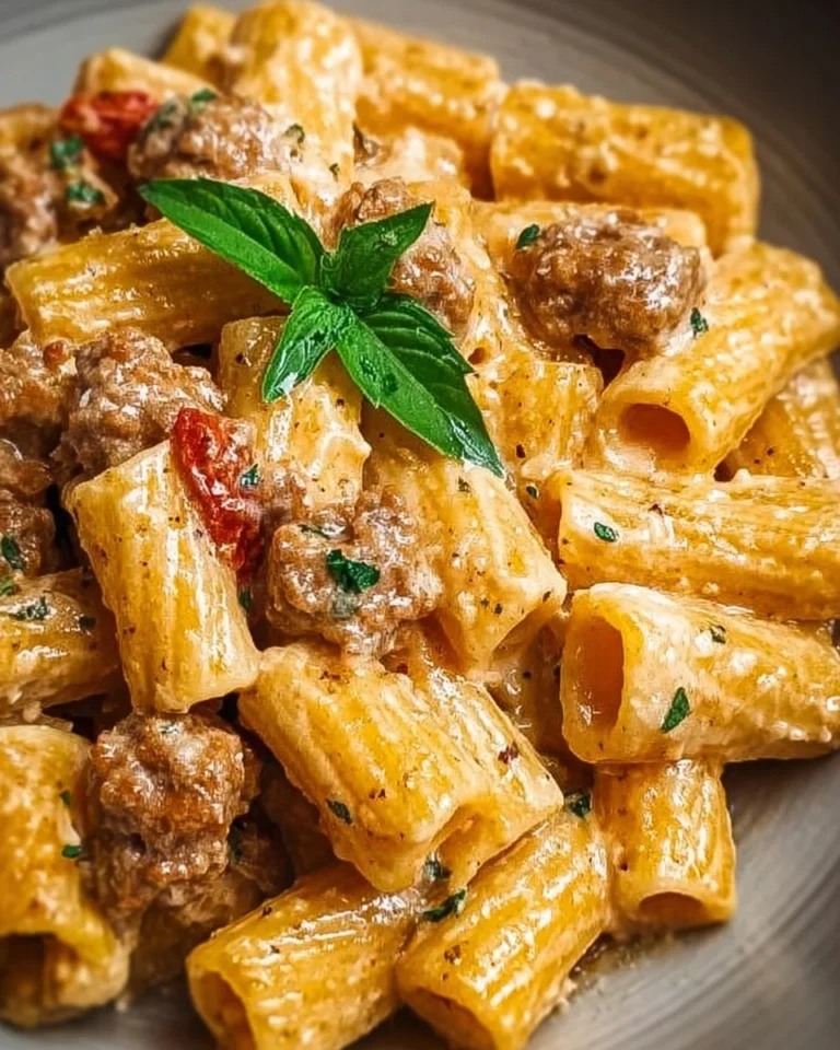Creamy Italian sausage rigatoni pasta dish served in a bowl with fresh herbs