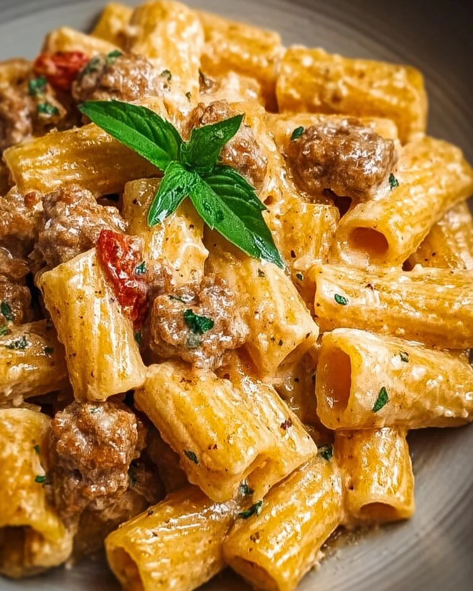 Creamy Italian sausage rigatoni pasta dish served in a bowl with fresh herbs