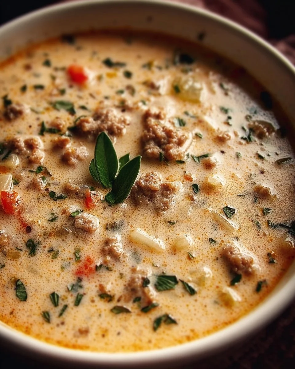 Bowl of creamy Italian sausage soup garnished with herbs and spices.