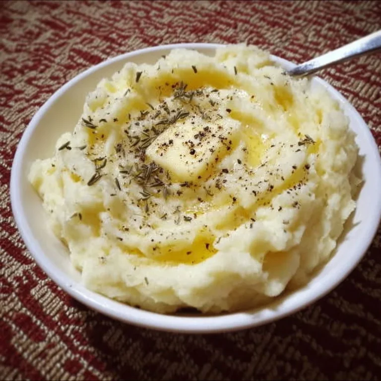 Bowl of creamy mashed potatoes topped with butter and parsley