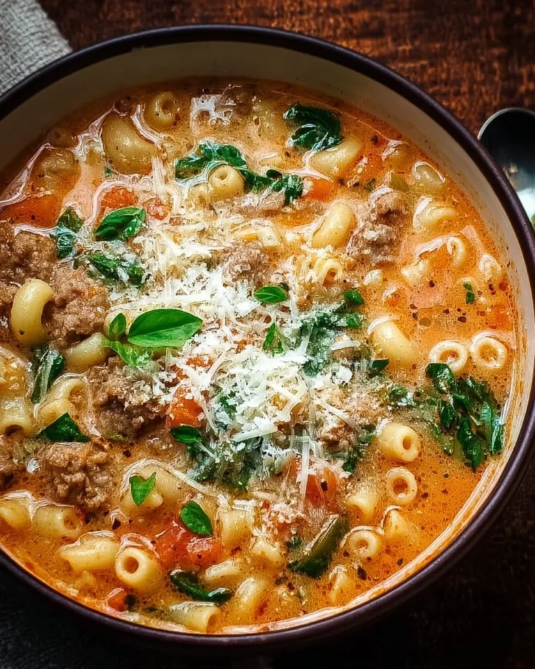 Creamy Parmesan Italian sausage ditalini soup garnished with fresh herbs.