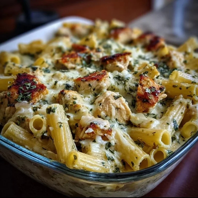 A delicious creamy pesto chicken pasta bake garnished with basil.