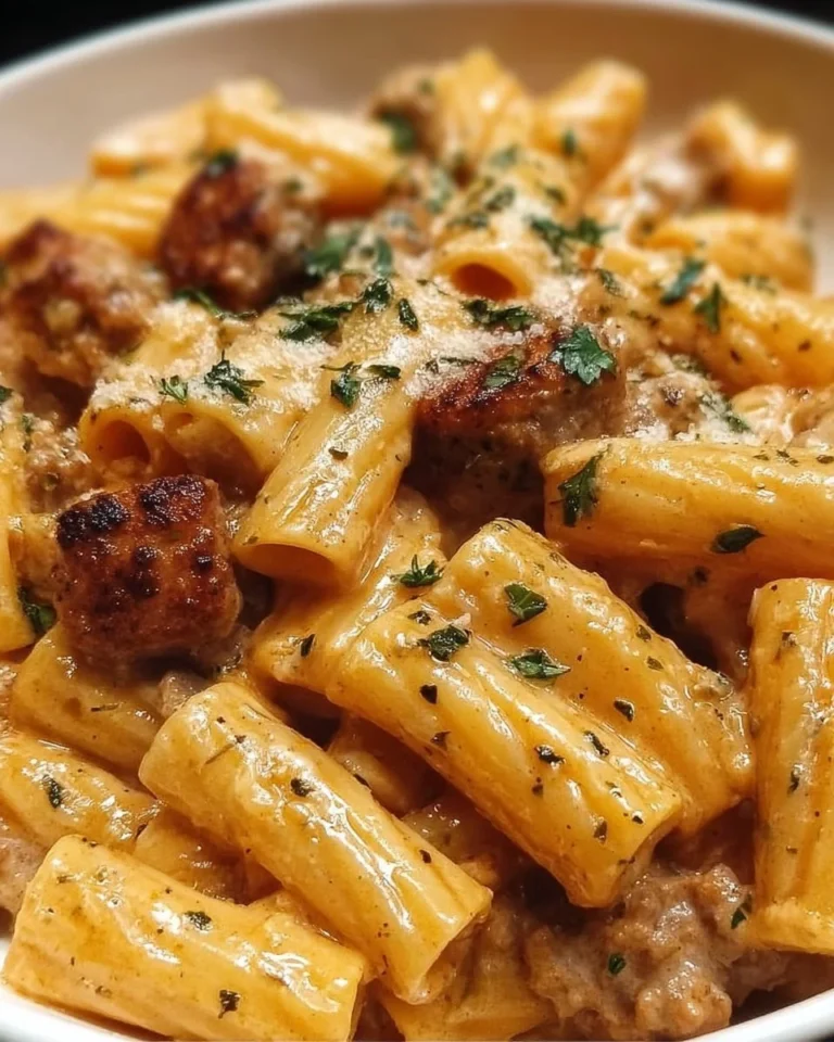 Creamy sausage rigatoni pasta dish served in a bowl, garnished with herbs.
