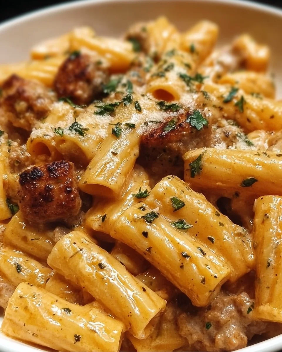 Creamy sausage rigatoni pasta dish served in a bowl, garnished with herbs.