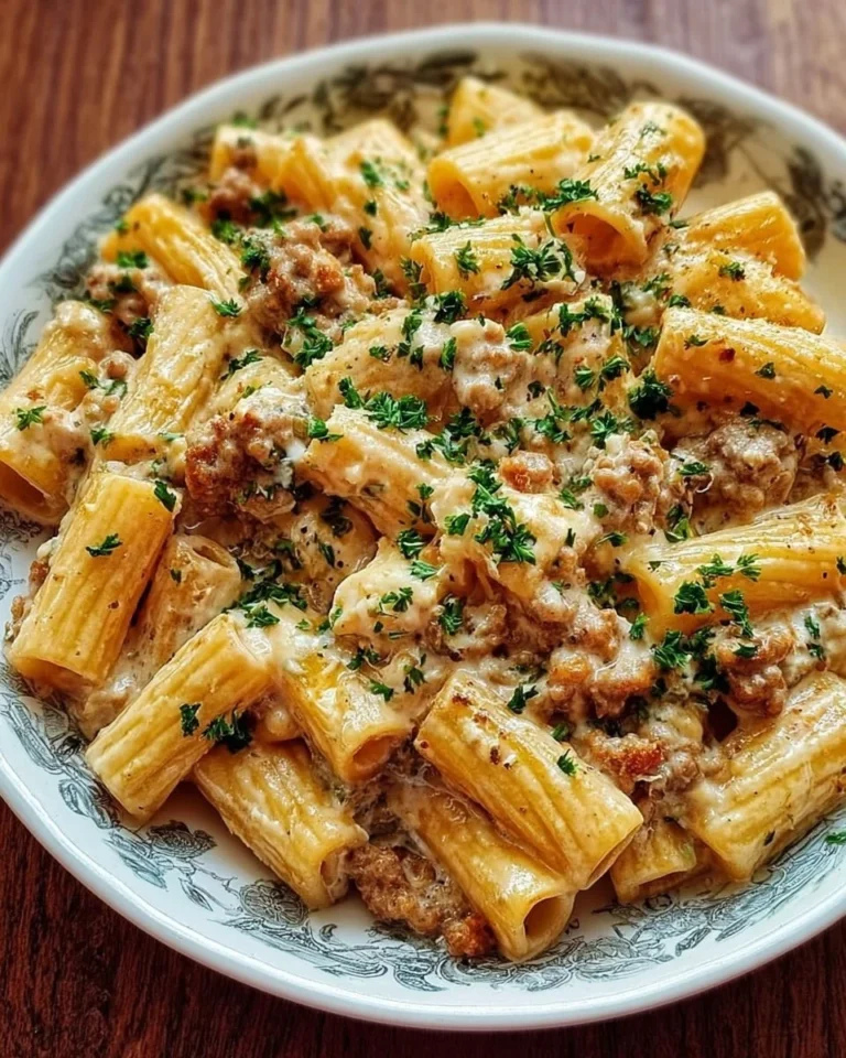 Creamy sausage rigatoni served in a bowl with herbs