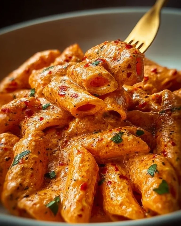 Creamy tomato garlic pasta dish served in a bowl with herbs on top.