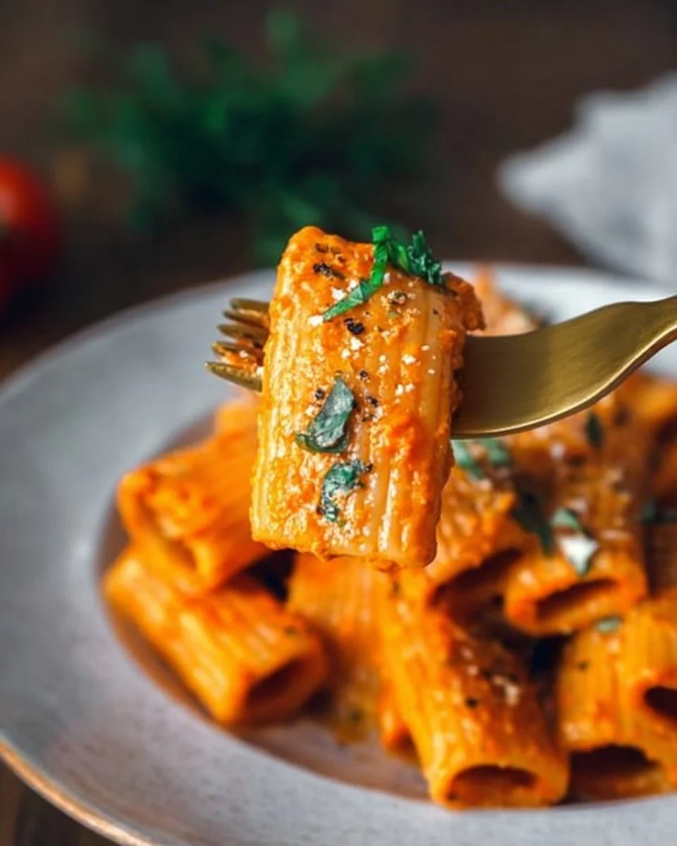 Creamy tomato garlic rigatoni pasta served in a bowl