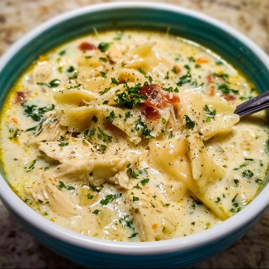 Creamy white chicken lasagna soup garnished with herbs in a bowl