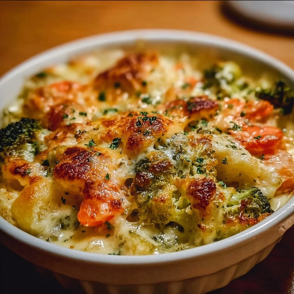 Creamy winter vegetable casserole served in a baking dish