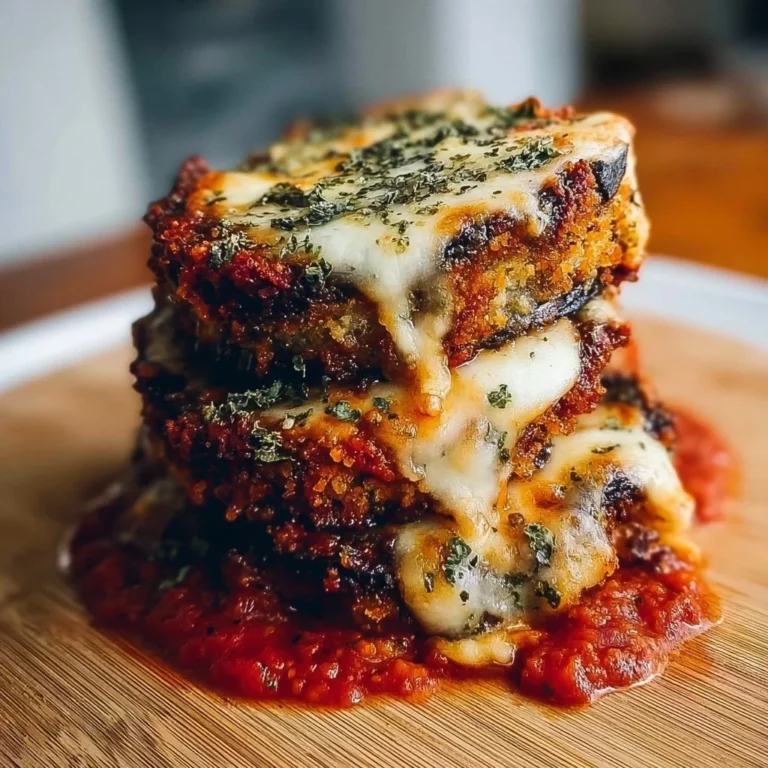 Delicious crispy baked eggplant parmesan served with marinara sauce