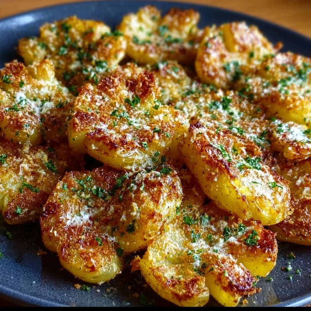 Crispy garlic butter parmesan smashed potatoes served with herbs.