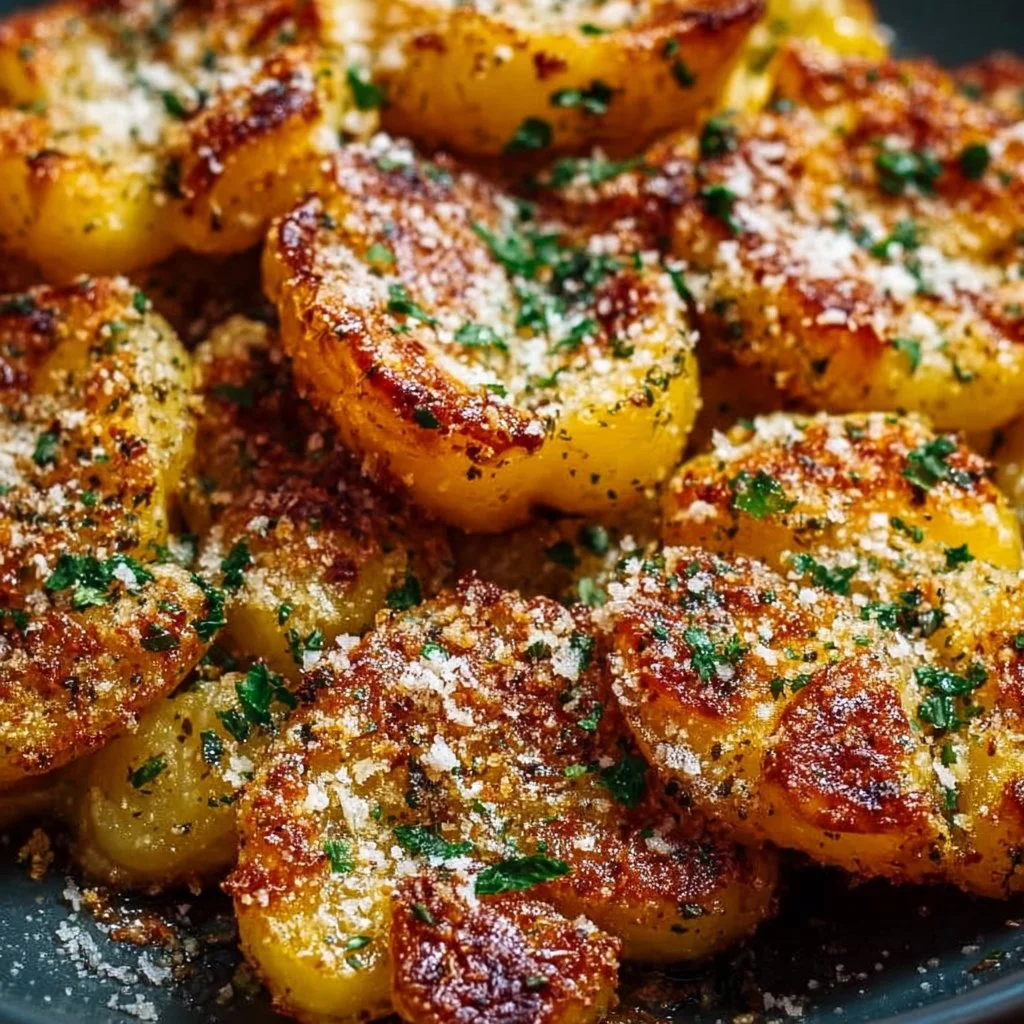 Crispy Garlic Butter Parmesan Smashed Potatoes