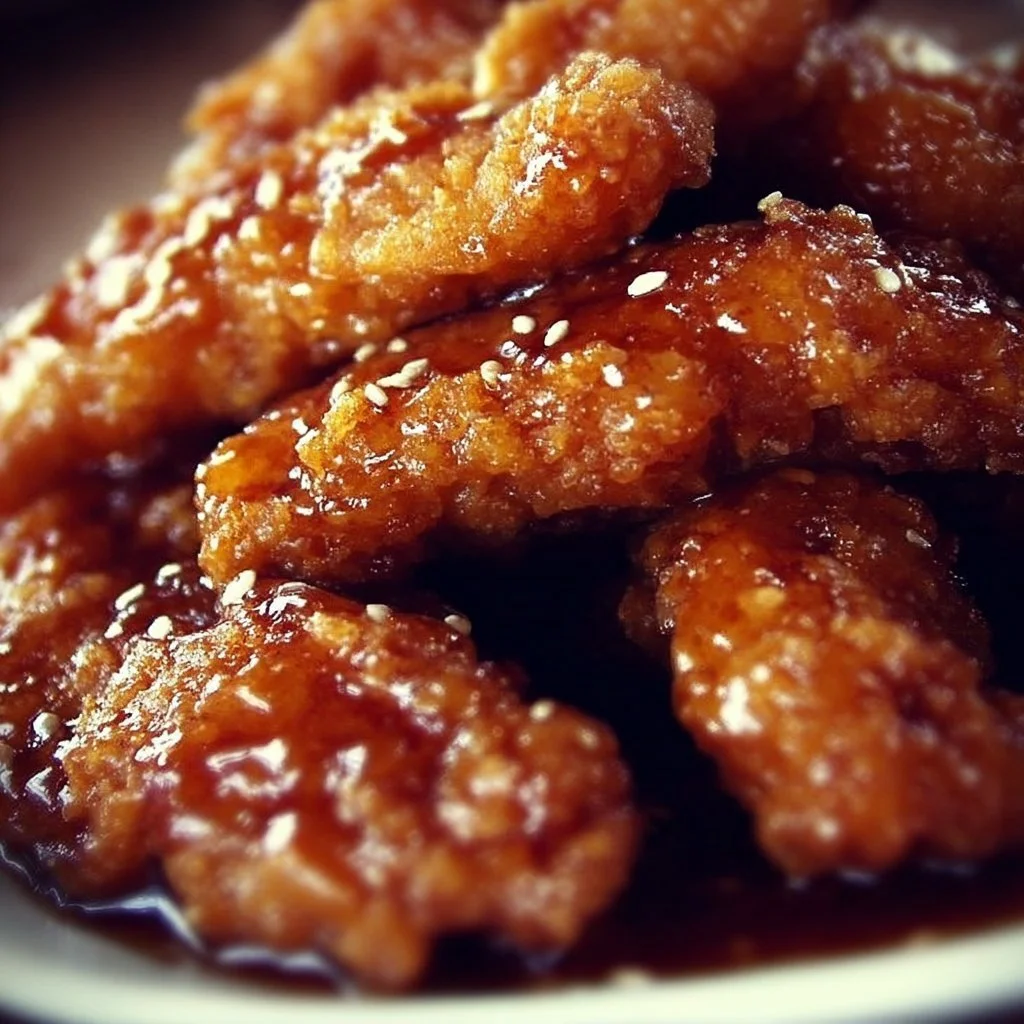 Crispy honey BBQ chicken strips served with dipping sauce.
