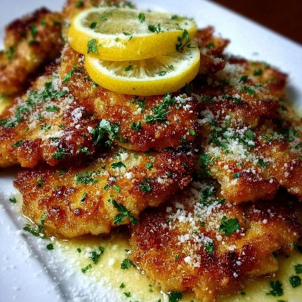 Crispy Lemon Chicken Romano garnished with fresh herbs and lemon slices