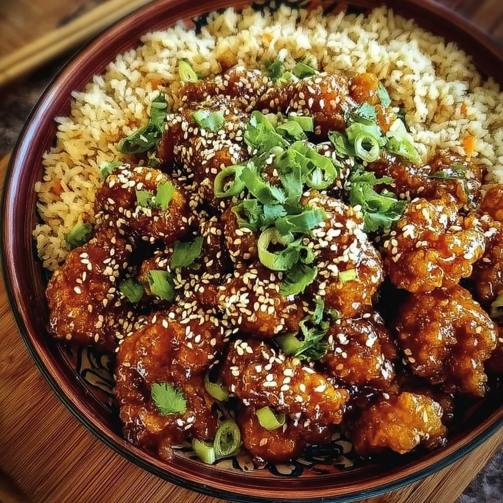 Delicious crispy sesame chicken served with fried rice