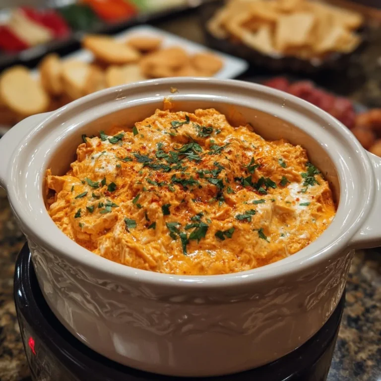 Crockpot Buffalo Chicken Dip in a serving dish with tortilla chips