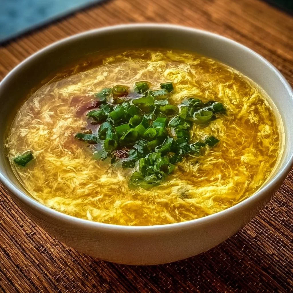 Bowl of easy egg drop soup garnished with green onions and served hot.