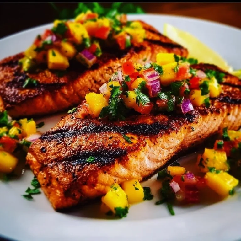 Easy grilled salmon topped with fresh mango salsa on a white plate.
