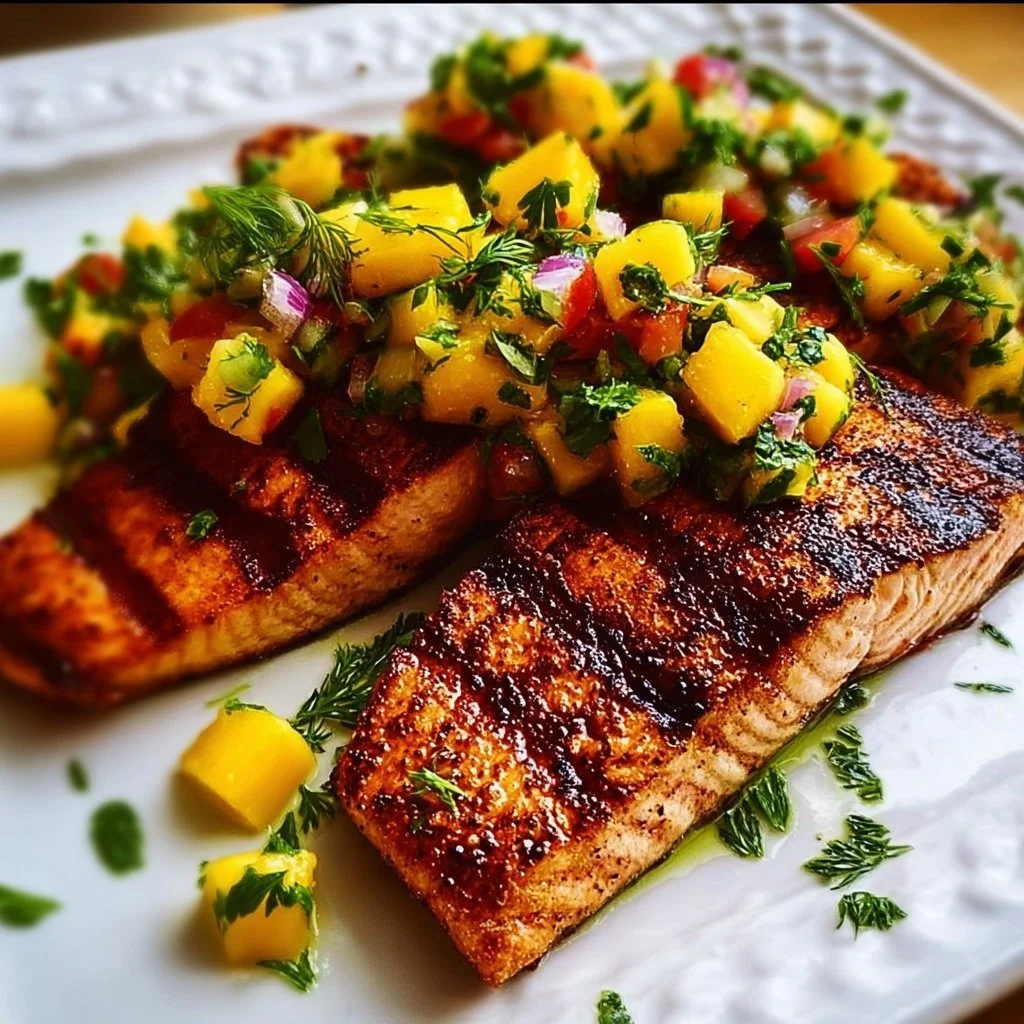 Delicious grilled salmon served with vibrant mango salsa on a plate