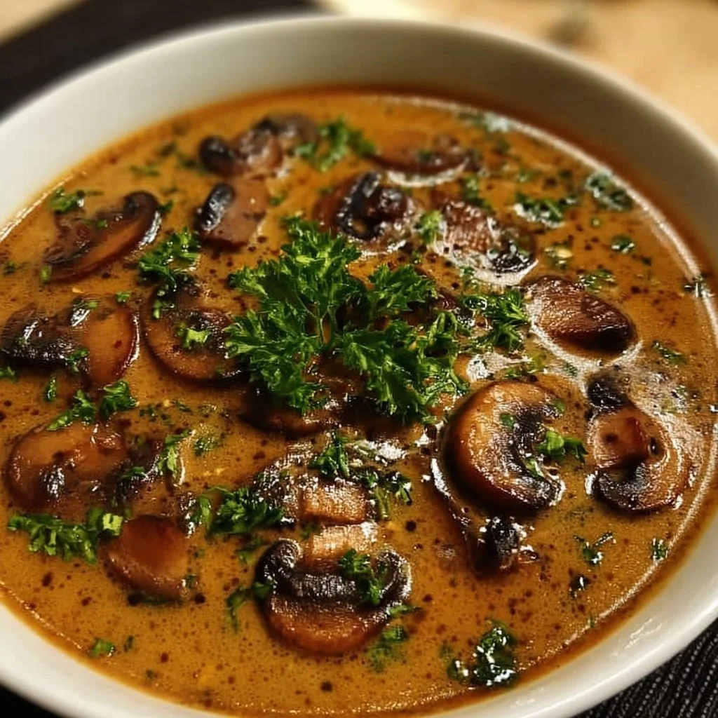 Bowl of easy mushroom gravy served with bread and herbs