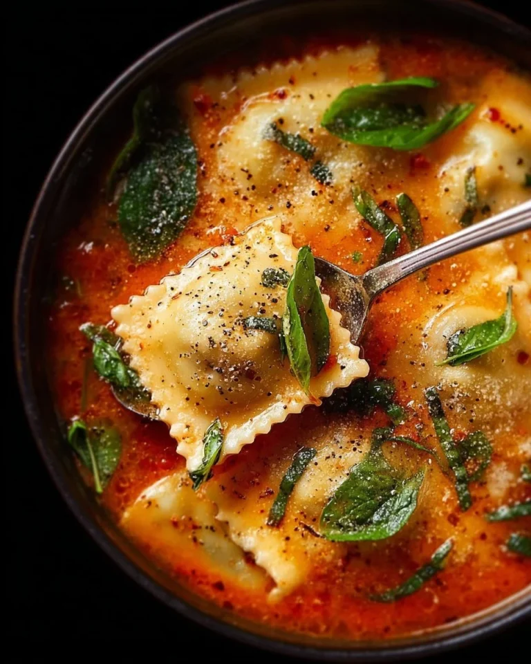 A bowl of Easy Tuscan Ravioli Soup topped with fresh herbs and Parmesan.