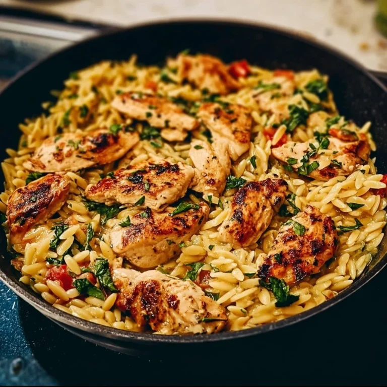 Delicious Mediterranean Chicken Orzo served in a bowl with herbs and vegetables