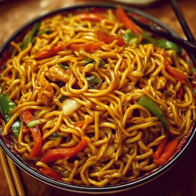 Plate of flavorful fried noodles garnished with vegetables and herbs