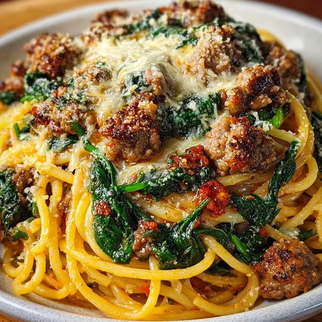 Garlic Butter Spaghetti with Cheesy Italian Sausage and Spinach