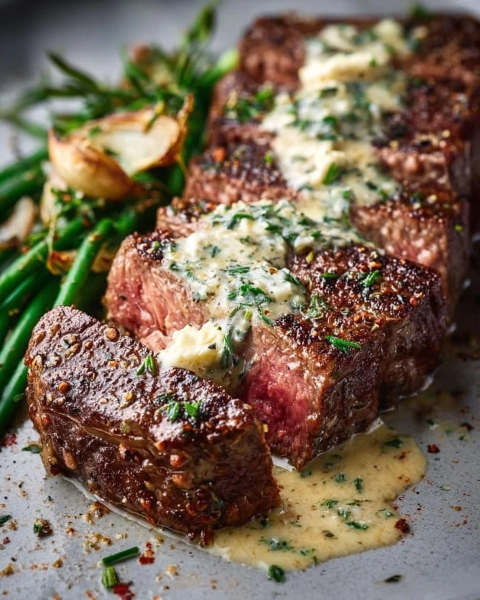 Garlic Butter Steak with Parmesan Cream Sauce served on a plate