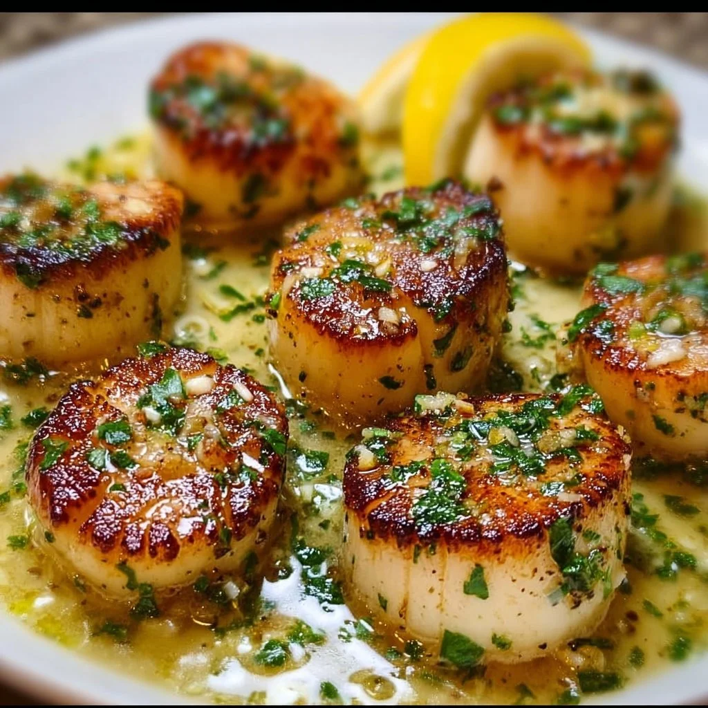 Plate of garlic lemon butter seared scallops garnished with fresh herbs