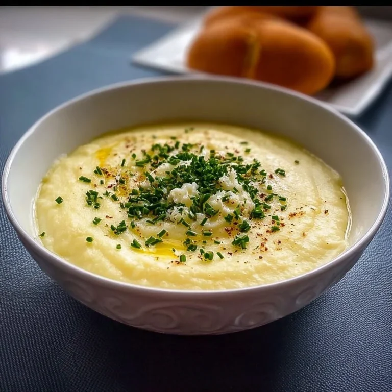 A bowl of creamy garlic mashed potato soup garnished with herbs