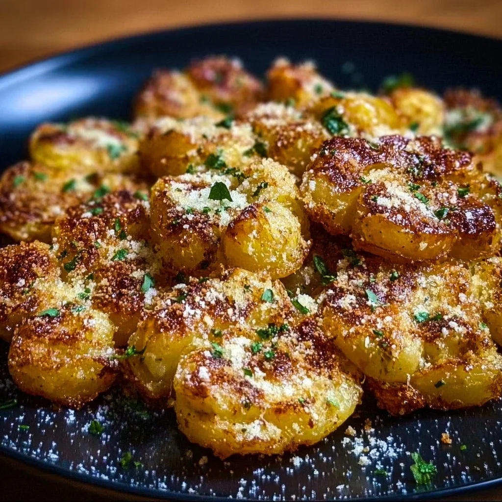 Delicious Garlic Parmesan Smashed Potatoes served on a plate