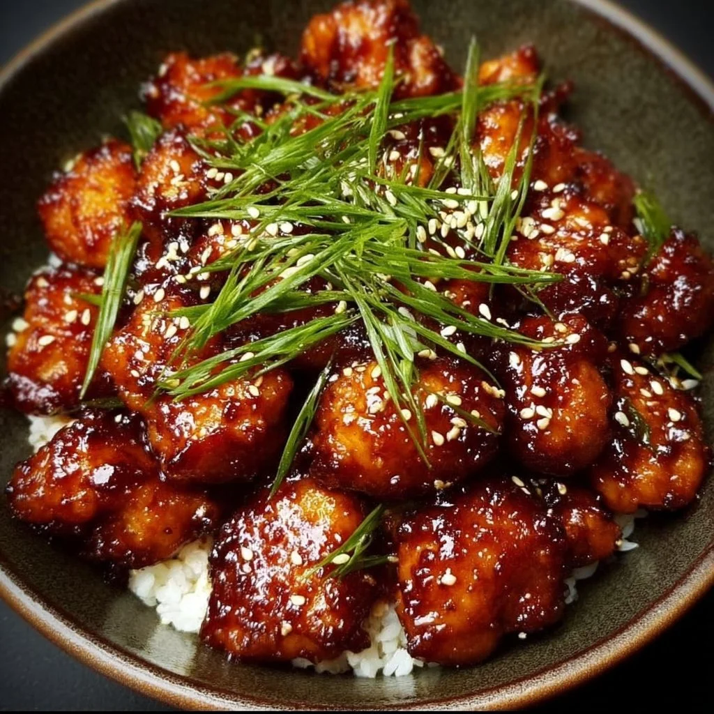 Delicious Gochujang Chicken with vibrant sauces and garnishes on a plate.