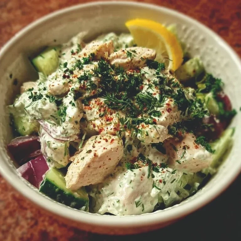 Greek Tzatziki Chicken Salad Bowl with fresh vegetables and tzatziki dressing