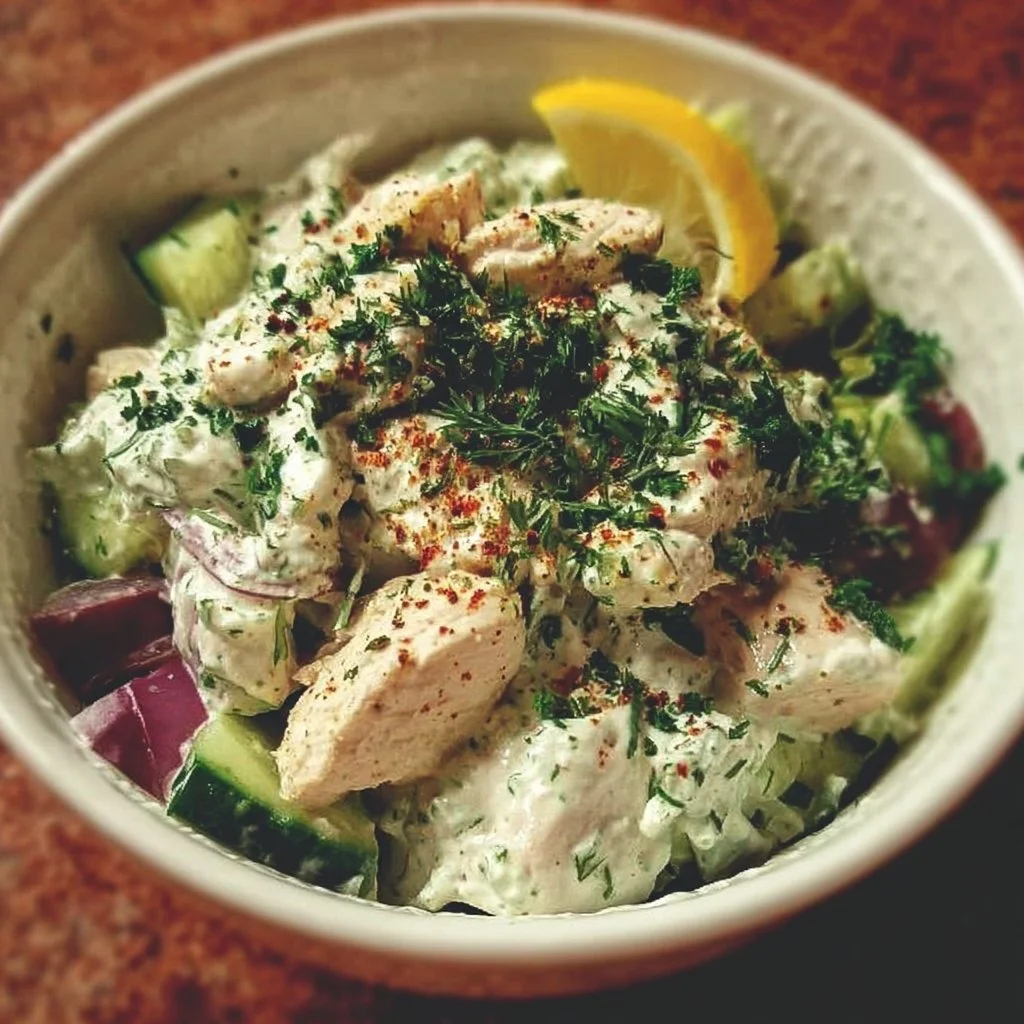 Greek Tzatziki Chicken Salad Bowl with fresh vegetables and tzatziki dressing