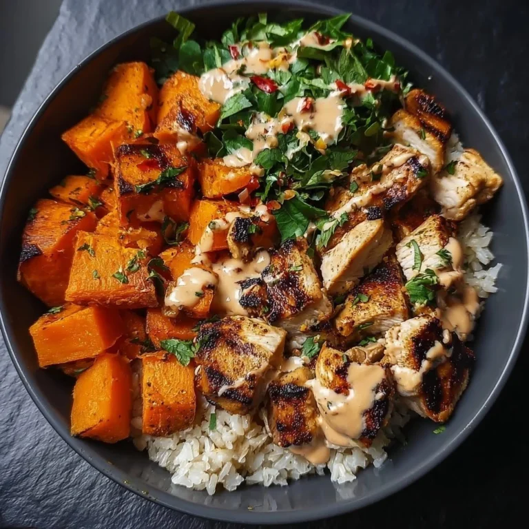 Healthy chicken and sweet potato rice bowl garnished with fresh vegetables