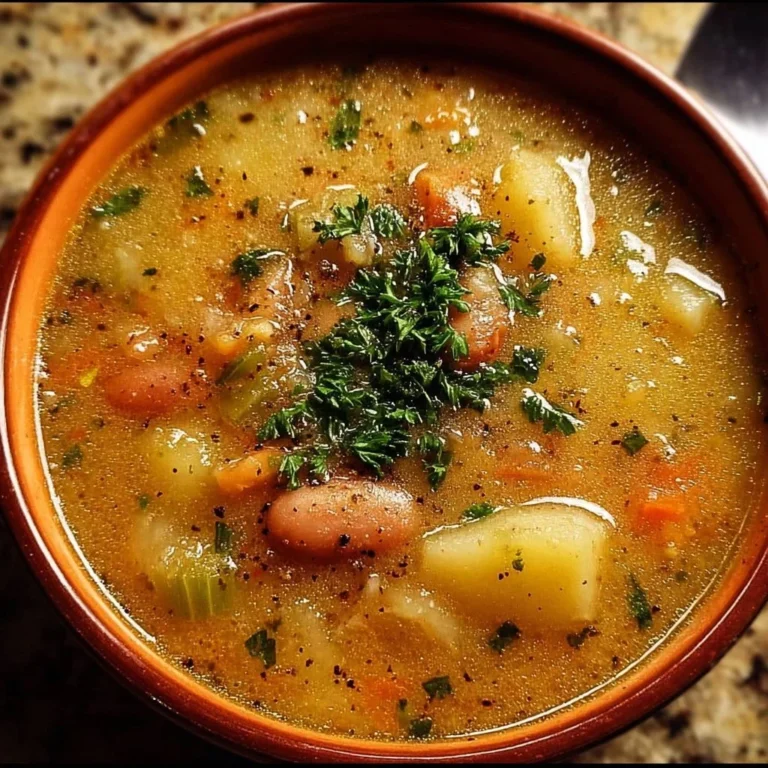 Hearty Potato Bean Soup in a bowl with fresh herbs and bread.
