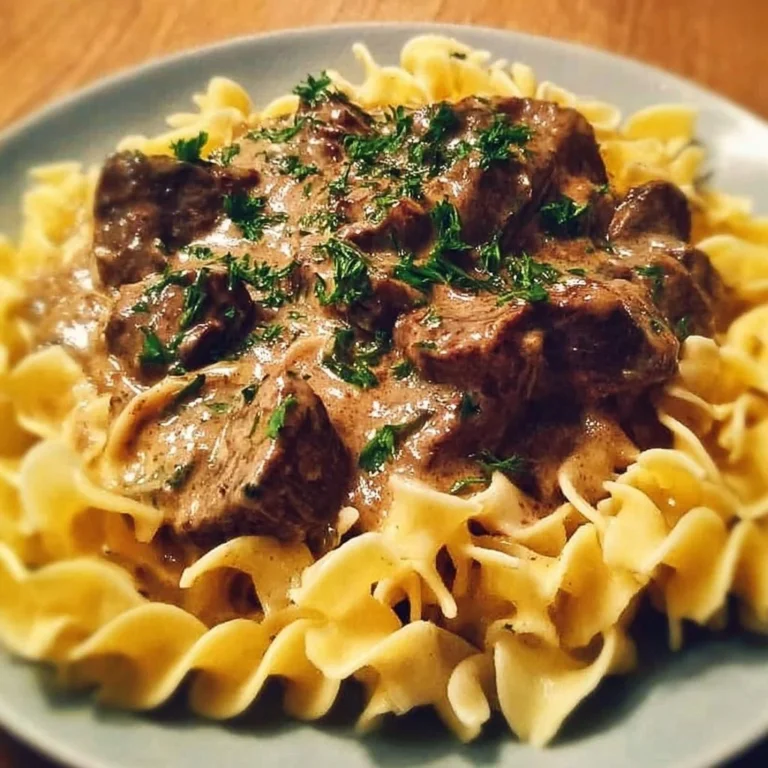 Delicious slow cooker beef stroganoff served in a bowl with noodles