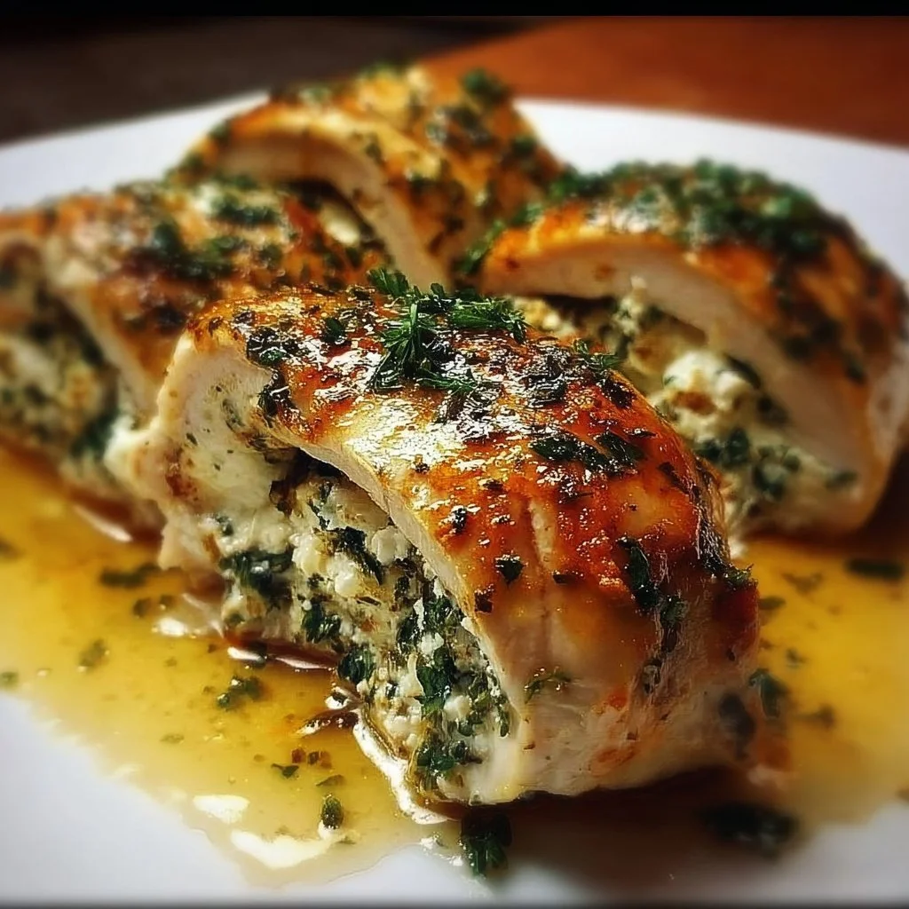 Herbed ricotta stuffed chicken rolls on a plate garnished with herbs.