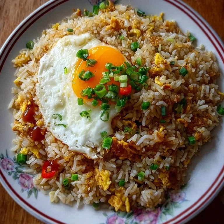 Bowl of homemade egg fried rice garnished with vegetables and herbs