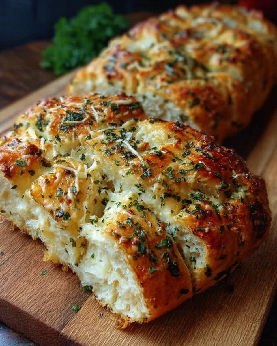 Loaf of homemade Italian herbs and cheese bread on a wooden cutting board