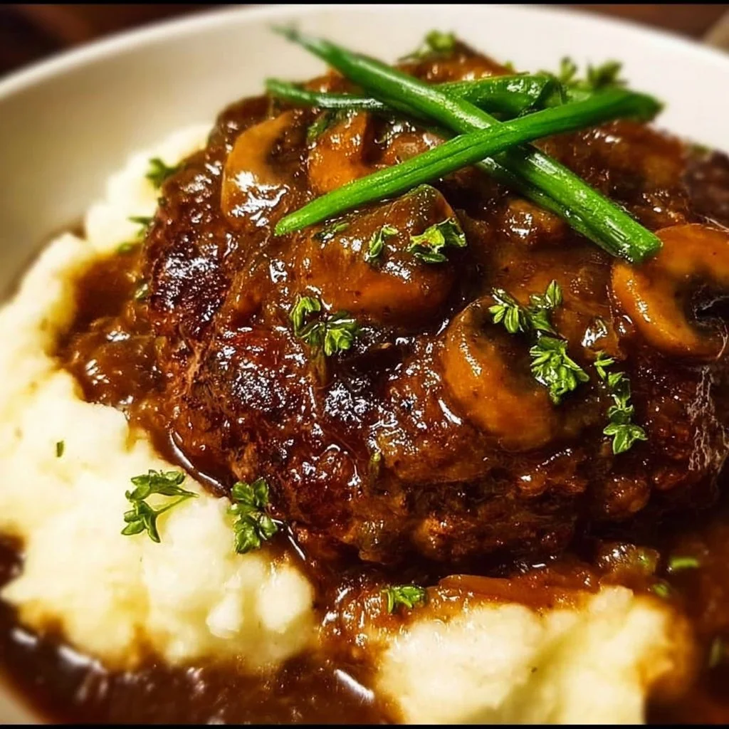 Delicious homemade Salisbury steak served with gravy and sides