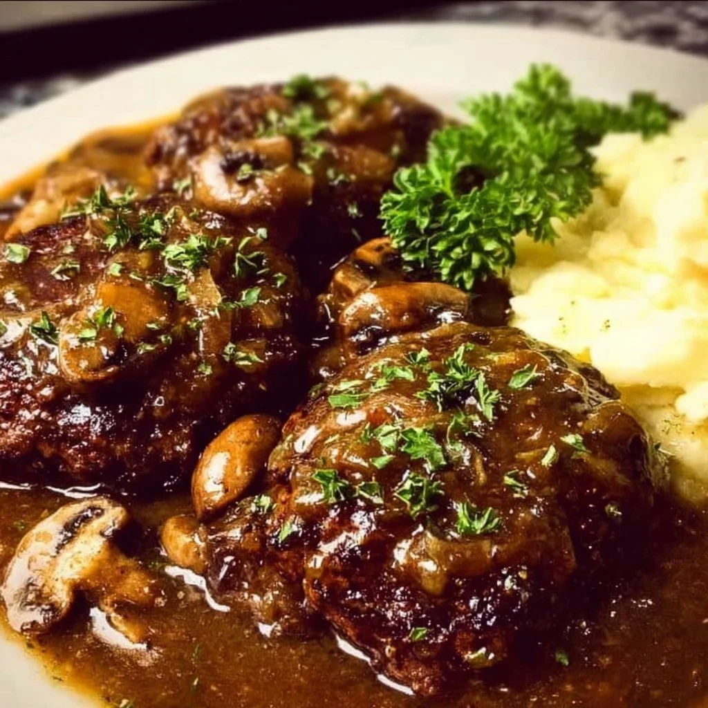 Delicious homemade Salisbury Steak served with gravy and mashed potatoes