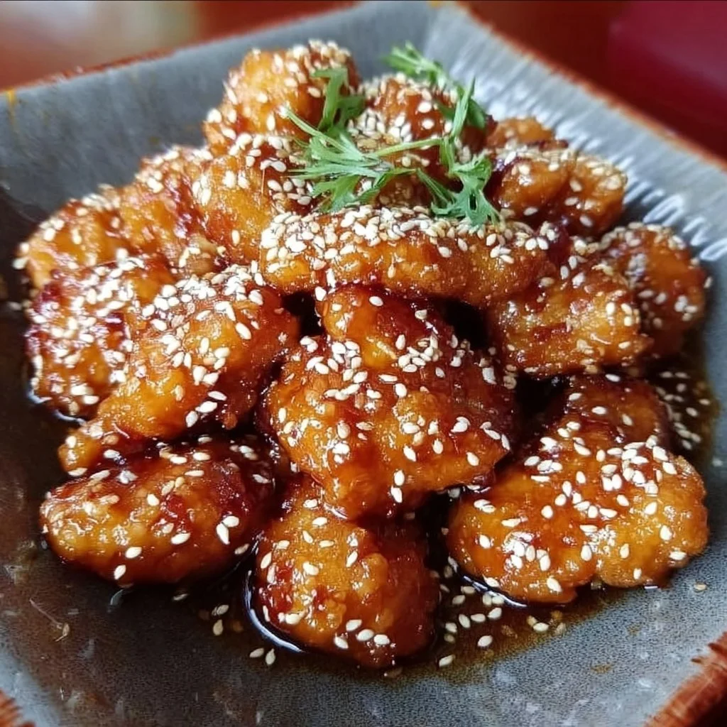 Delicious Honey Sesame Chicken garnished with sesame seeds and green onions