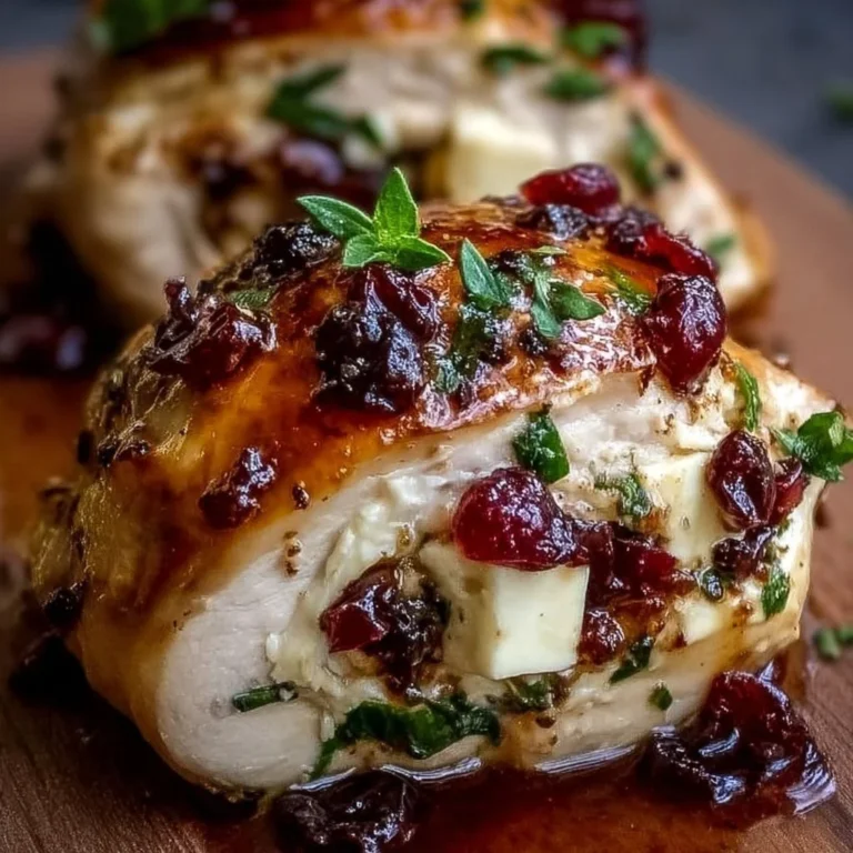 Cranberry brie stuffed chicken plated elegantly, garnished with herbs.