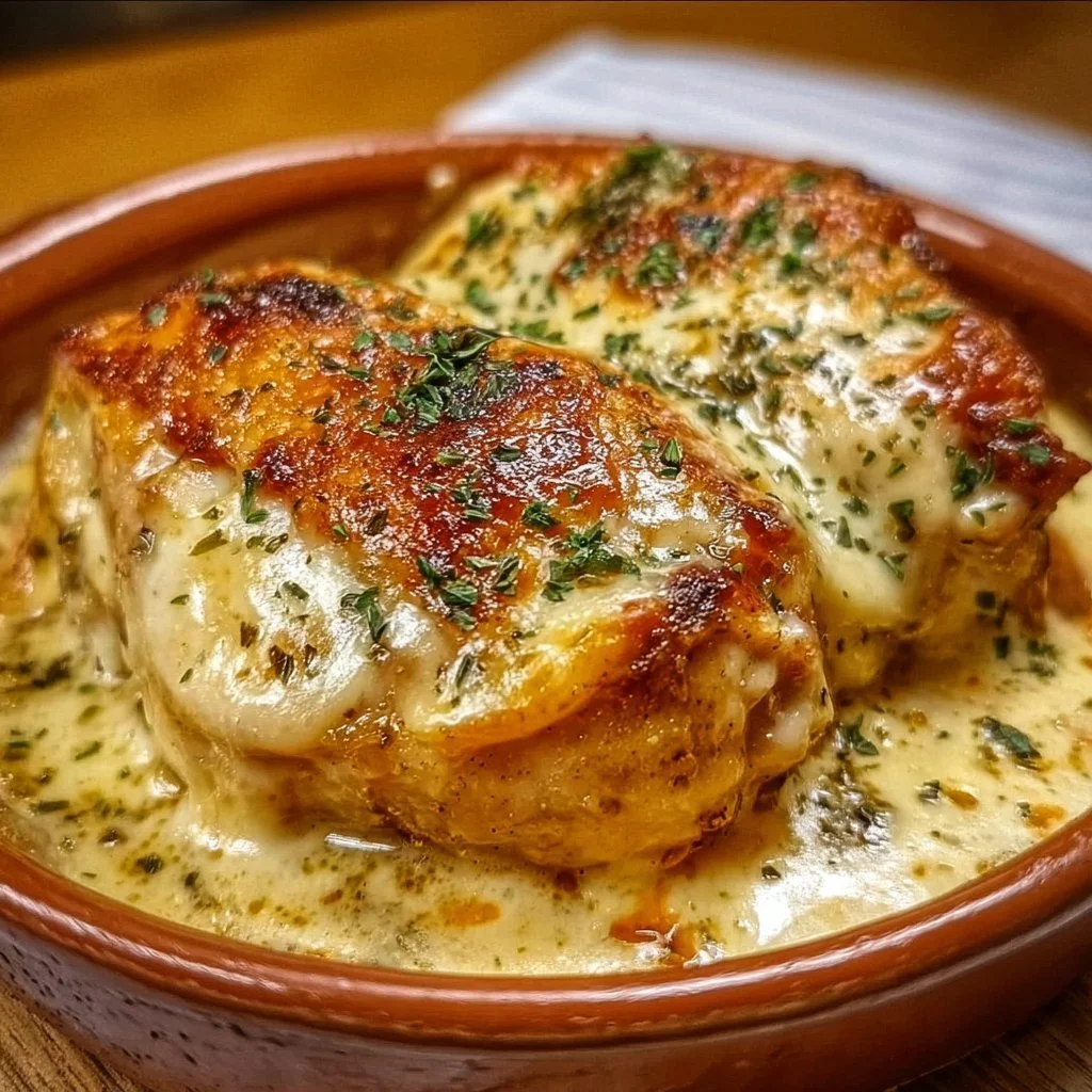 Irresistible baked cream cheese chicken served with herbs and sides.