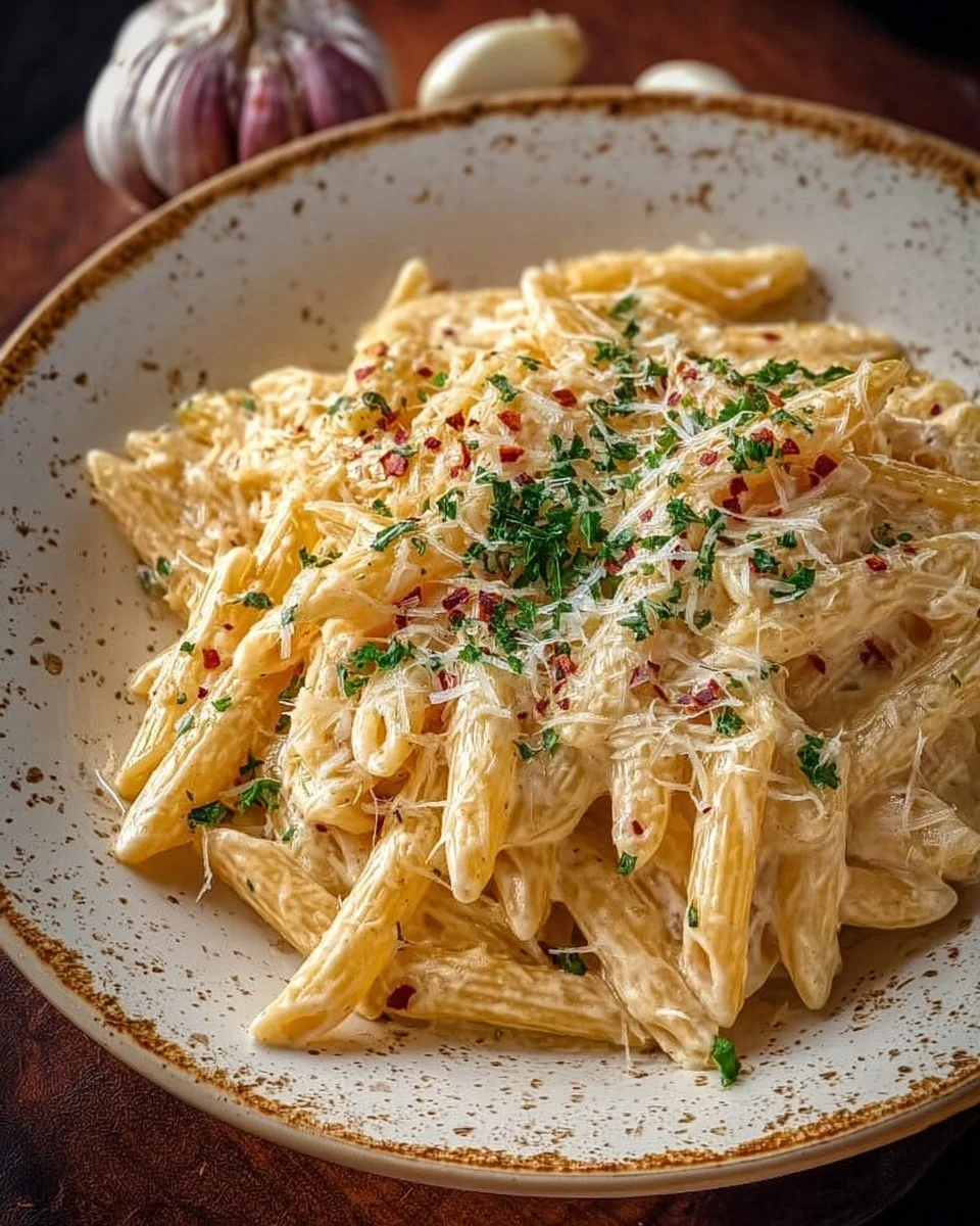 Creamy one pot garlic pasta in a skillet garnished with fresh parsley