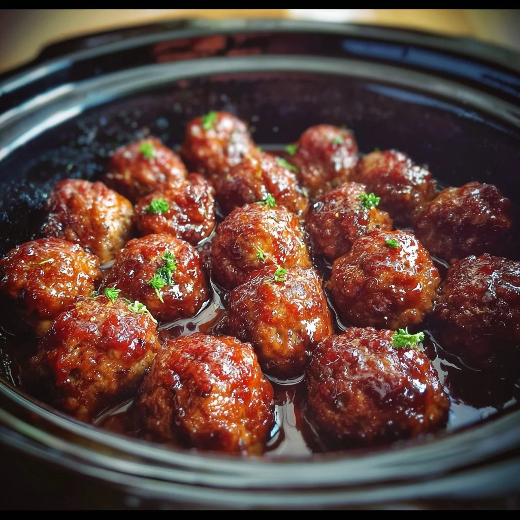 Plate of irresistibly delicious BBQ meatballs drizzled with sauce