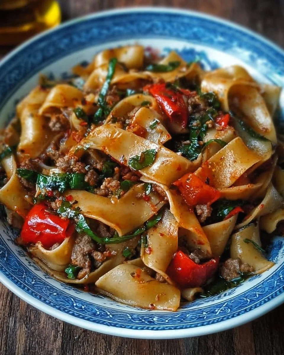 Plate of Italian drunken noodles with fresh vegetables and herbs